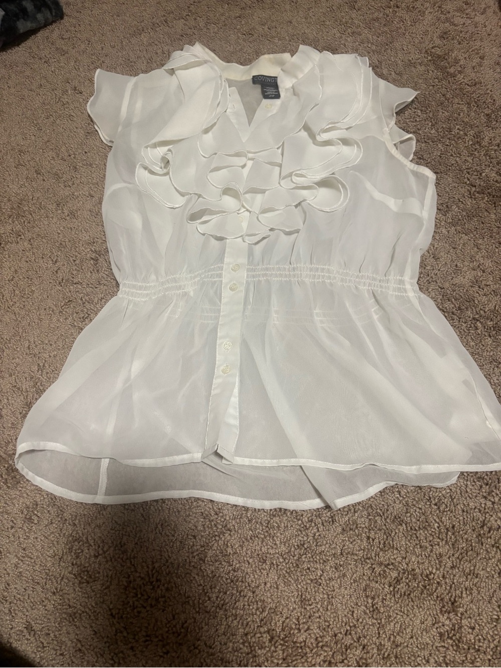 Covington White Ruffle-Front Sleeveless Button Blouse
